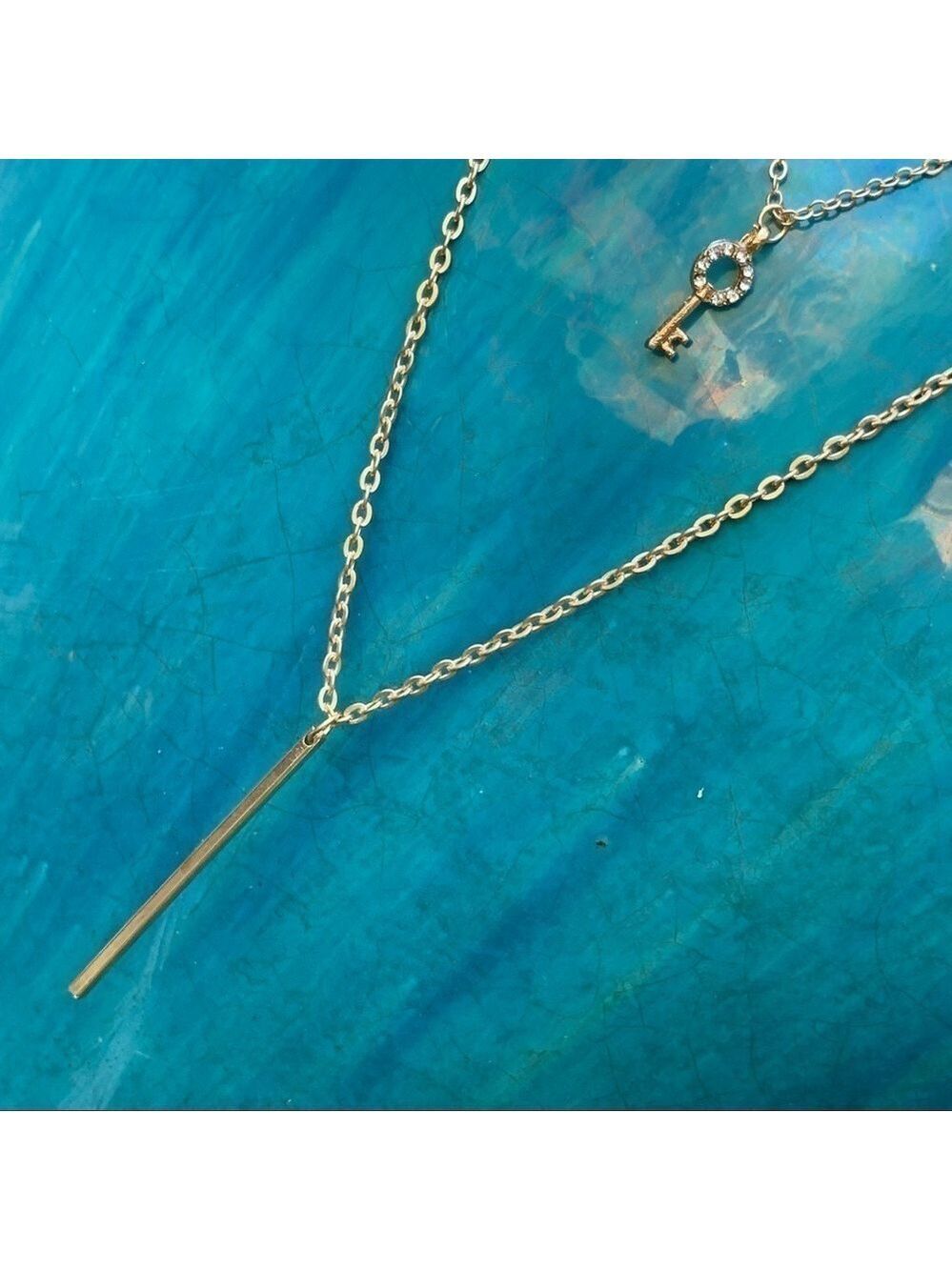 Gold Tone Layered Necklace Set Key Bar Adjustable Chain